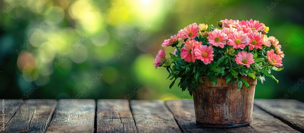 Aufkleber Beautiful artificial flowers blooming in a pot on an old wooden table in the park. with copy space image. Place for adding text or design