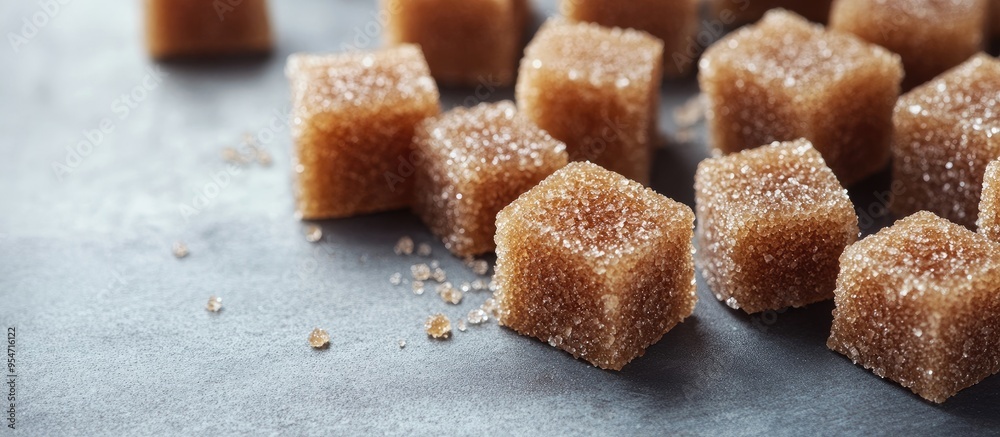 Poster Close up of brown sugar cubes on a grey table. with copy space image. Place for adding text or design