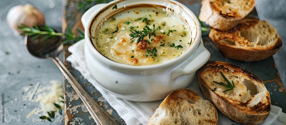 Poster french onion soup served in a white bowl on a gray concrete surface accompanied by a baguette and pa