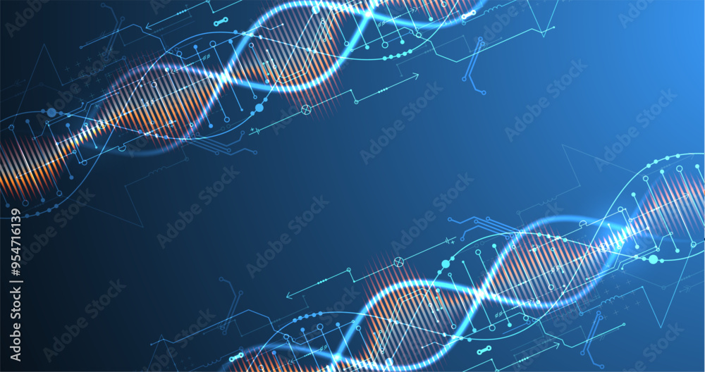 Poster Scientific and technological background. Image of dna molecule with technological elements. Hand drawn vector.