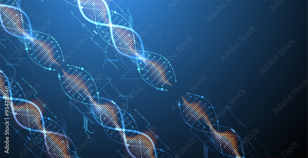 Poster Scientific and technological background. Image of dna molecule with technological elements. Hand drawn vector.