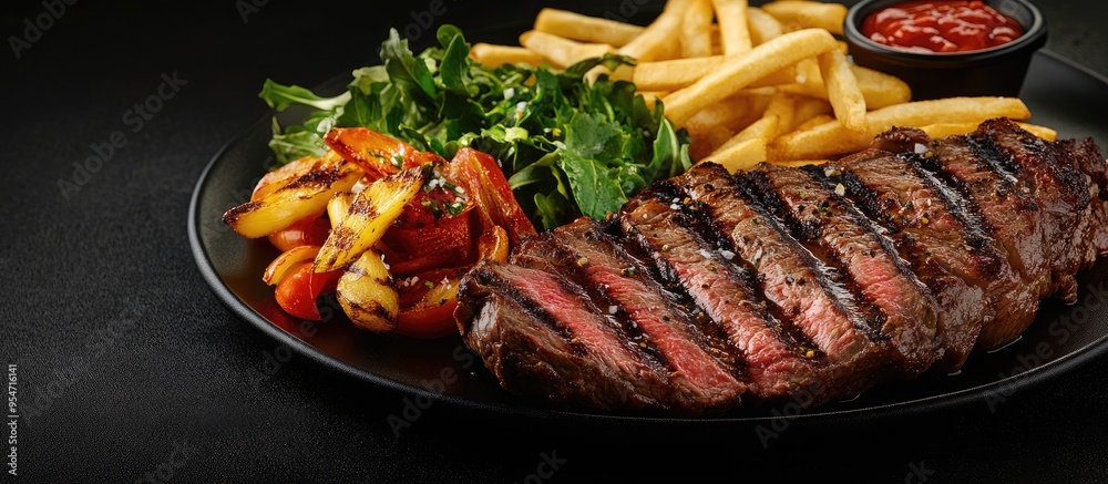 Aufkleber sliced flank steak grilled medium rare over charcoal served with fries and salad. with copy space im