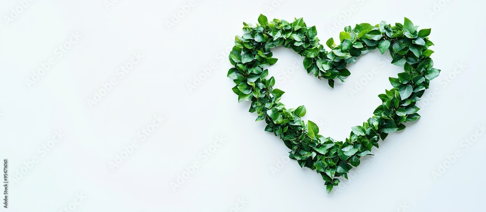 Aufkleber Heart shape formed by bird like green leaves on a white background creative minimalist spring idea featuring copy space concept art abstract form tidy setting ecological art selective focus