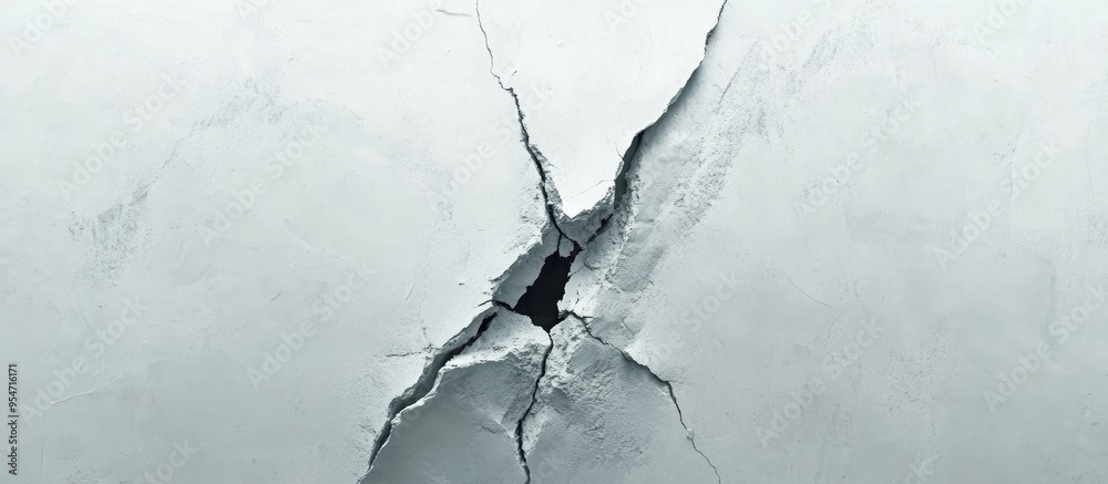 Poster large crack on the gray wall abstract representation of the vertical fissure close up selective focu