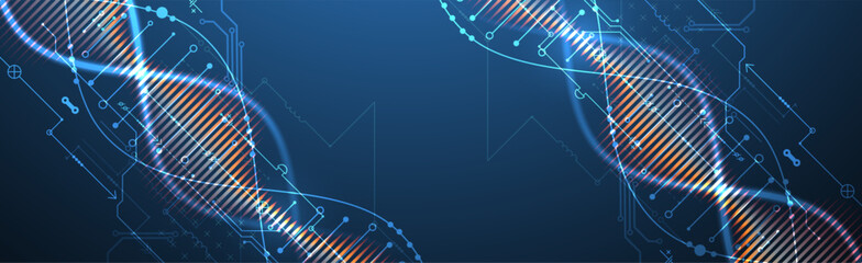 Scientific and technological background. Image of dna molecule with technological elements. Hand drawn vector.