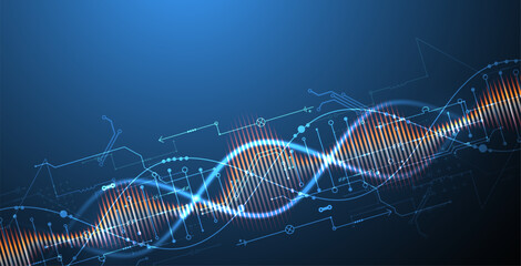 Scientific and technological background. Image of dna molecule with technological elements. Hand drawn vector.
