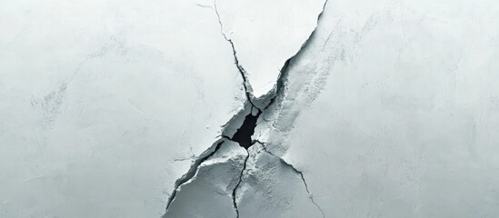 Large crack on the gray wall abstract representation of the vertical fissure Close up Selective focus Copy space