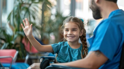 A cheerful girl in a wheelchair greets a caregiver with a warm smile. The bright and colorful environment brings a sense of joy and hope. Ideal for healthcare and wellness themes. AI