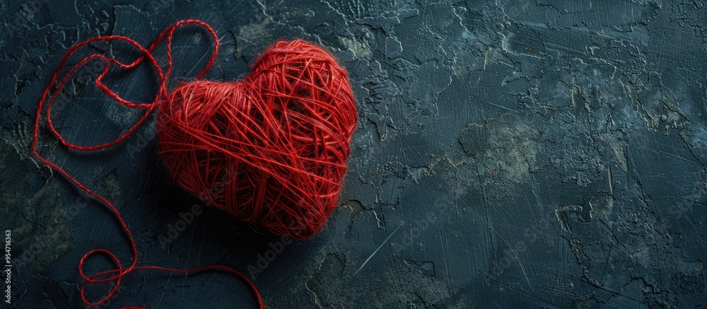 Aufkleber A Valentine s Day heart crafted from red wool threads against a dark backdrop Area for design and text Themes of holidays and love. with copy space image. Place for adding text or design