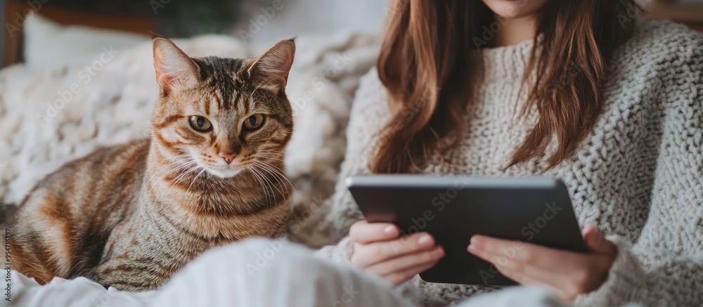 Poster Collage of a young woman using a digital tablet alongside a tabby cat on a bed. with copy space image. Place for adding text or design