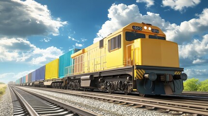 Fototapeta premium Bright yellow freight train with cargo containers traveling on railroad tracks under a clear blue sky with scattered clouds.