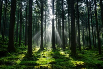 Obraz premium A breathtaking view of a dense forest with sunlight streaming through the tall trees, illuminating the lush green moss-covered ground, creating a serene and peaceful atmosphere.