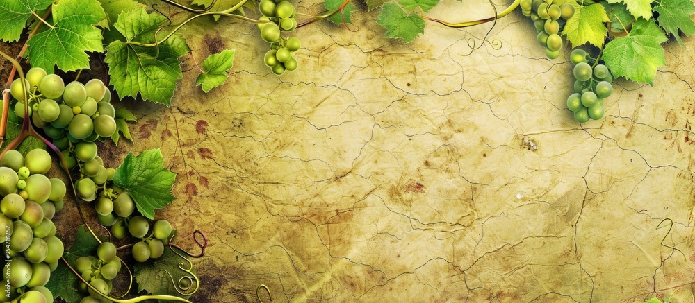 Leinwandbilder wine list menu featuring green grapevine leaves on aged paper vintage backdrop for your wine card wi