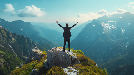 Obraz premium businessman standing on top of mountain with hands raised, success and achievement concept