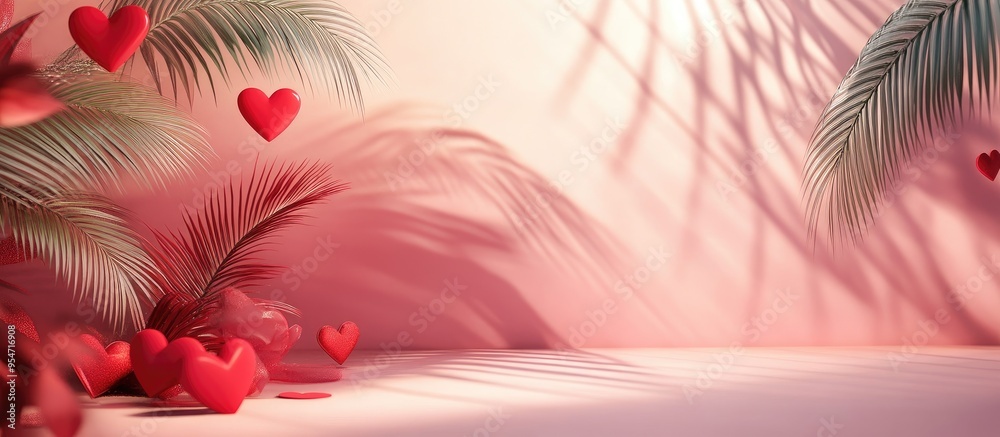 Aufkleber Love lightbox message featuring red hearts and palm leaves on a pink and red backdrop. with copy space image. Place for adding text or design