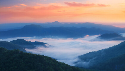 Obraz premium A serene, panoramic view of a misty mountain range during sunrise, with soft pastel colors and ethereal clouds.