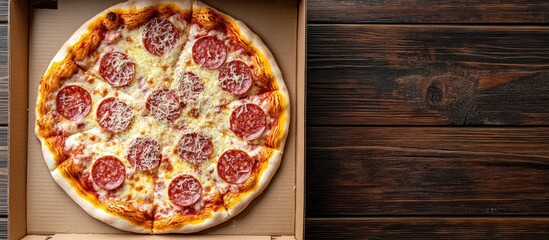 Pizza topped with salami sausage and parmesan cheese in a cardboard box on a wooden table Top view. with copy space image. Place for adding text or design