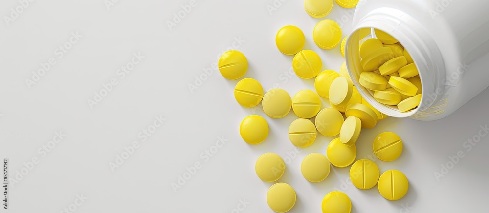 Poster yellow oval tablet pills and an opened white bottle are set against a white background with copyspac