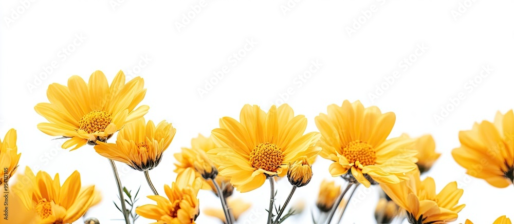 Fototapete Close up view of yellow flowers set against a white background. with copy space image. Place for adding text or design