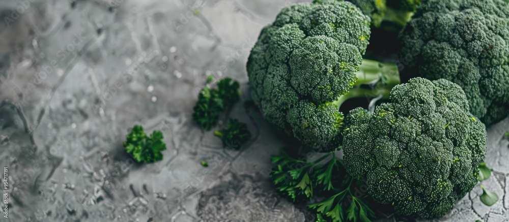 Poster Bowl of fresh broccoli on a gray table Area for text. with copy space image. Place for adding text or design
