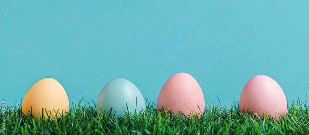 Aufkleber easter eggs on grass with a blue background. with copy space image. Place for adding text or design