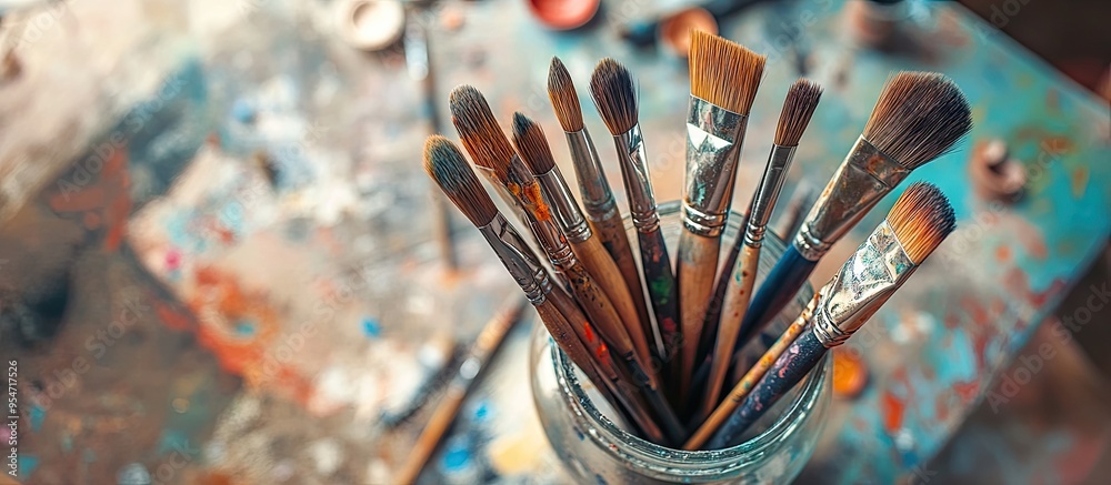 Aufkleber Top view close up of various paint brushes in a glass jar within a pottery studio. with copy space image. Place for adding text or design