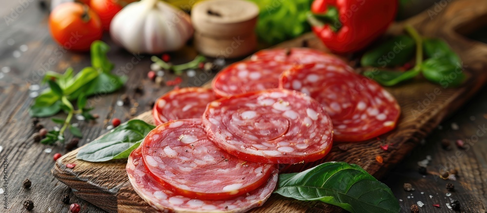 Poster mortadella slices with marinated vegetables for eating cooking or as an appetizer meal food snack on