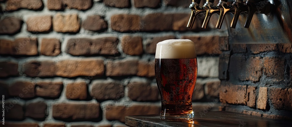 Poster pouring beer into a pint against a stylish brick wall backdrop fresh drinks and a pub atmosphere. wi
