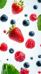 Flying fresh berries: Strawberries, Raspberries, Blueberries and Blackberries on white background.