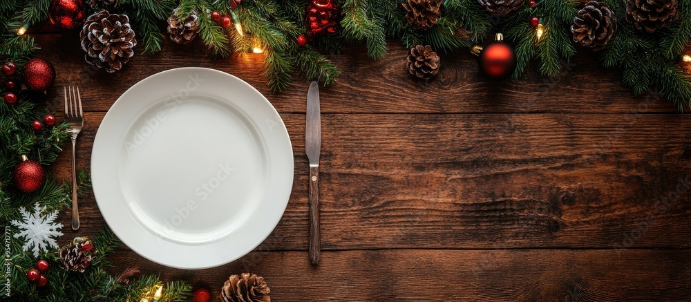Poster top view of a christmas dinner set on a wooden surface plate utensils fir tree and holiday decoratio