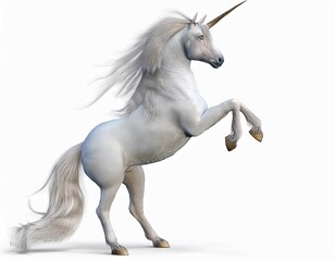Majestic Unicorn's Ascendancy: A white unicorn with a flowing mane and golden horn rears up in majestic splendor against a pure white backdrop. 
