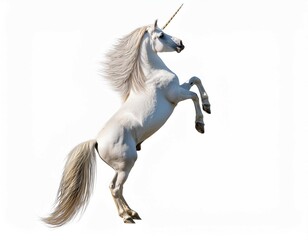 Majestic Unicorn's Ascendancy: A white unicorn with a flowing mane and golden horn rears up in majestic splendor against a pure white backdrop. 
