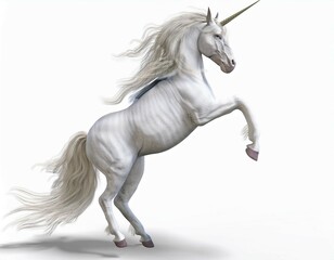 Majestic Unicorn's Ascendancy: A white unicorn with a flowing mane and golden horn rears up in majestic splendor against a pure white backdrop. 