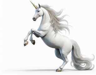 Majestic Unicorn's Ascendancy: A white unicorn with a flowing mane and golden horn rears up in majestic splendor against a pure white backdrop. 