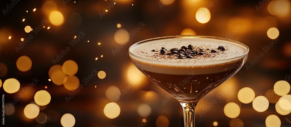Poster coffee martini cocktail set against disco lights. with copy space image. place for adding text or de