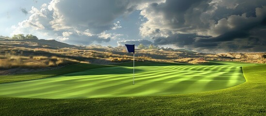 Tropical golf course fairway and putting green featuring a blue flag and pin with dry hills and a stormy sky in the background. with copy space image. Place for adding text or design
