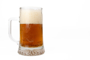 Chilled Mug of Amber Beer on White Background, Left-Aligned Horizontal Photo Perfect for Beer-Related