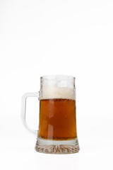 Cold Toasted Beer in Frosted Mug Central Focus on White Backdrop