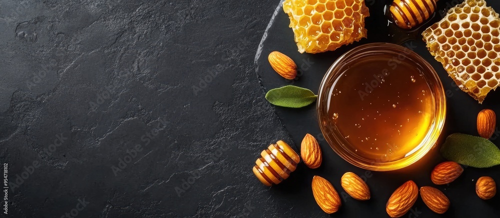Poster Fresh honey for dessert Bowl of honey honeycomb and nuts on a black table top view copyspace