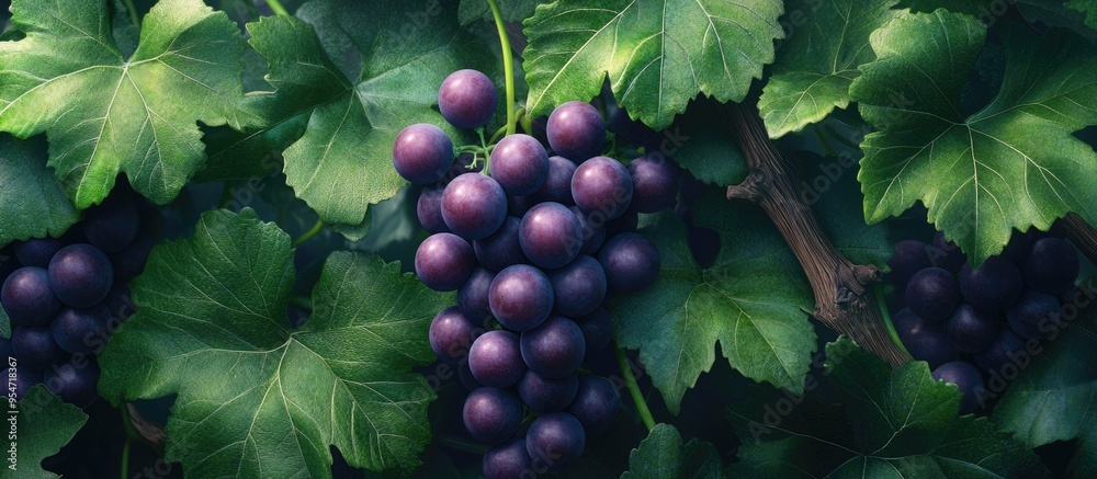 Poster Bunch of grapes on the vine surrounded by green leaves. with copy space image. Place for adding text or design