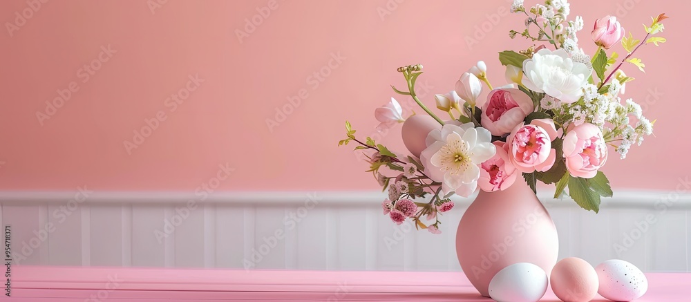 Aufkleber bouquet of spring flowers in a vase with eggs on a pink table area for text close up view. with copy