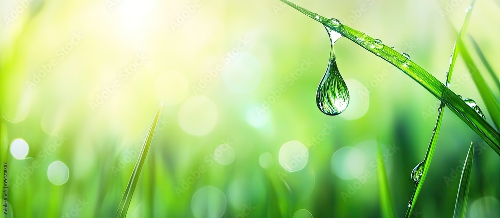 Poster close up of fresh grass with dew drops a drop hangs from the grass spring themed image for the backg