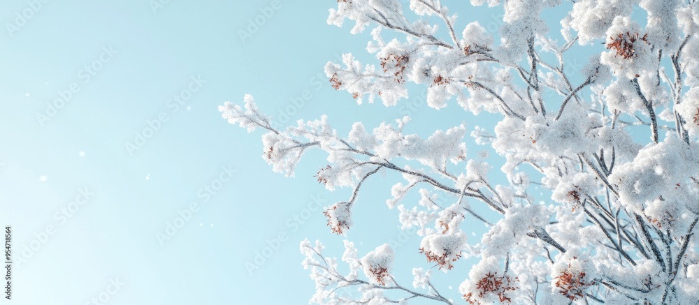 Leinwandbilder snow covered tree branches against a light blue sky in winter. with copy space image. place for addi
