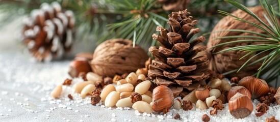 Pine Nuts Against a White Background. with copy space image. Place for adding text or design