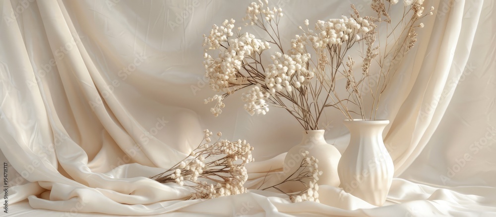 Poster decorations featuring dried beautiful flowers in a white vase set against a beige fabric background 