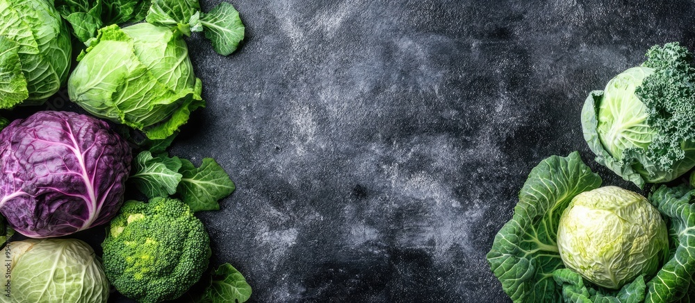 Leinwandbilder Various fresh cabbages on a table top view Nutritious food. with copy space image. Place for adding text or design