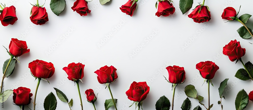 Aufkleber red rose flowers create a framed composition on a white background from a top view with copy space t