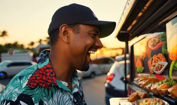 Puerto Rican Man Waiting in Line at Food Truck