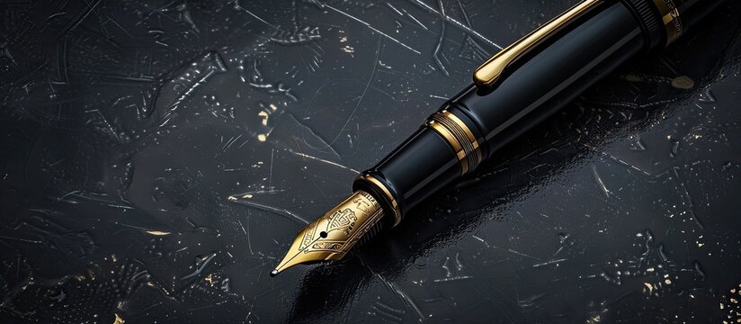 black and gold fountain pen featuring replaceable cartridges Traditional writing with a pen. with copy space image. Place for adding text or design