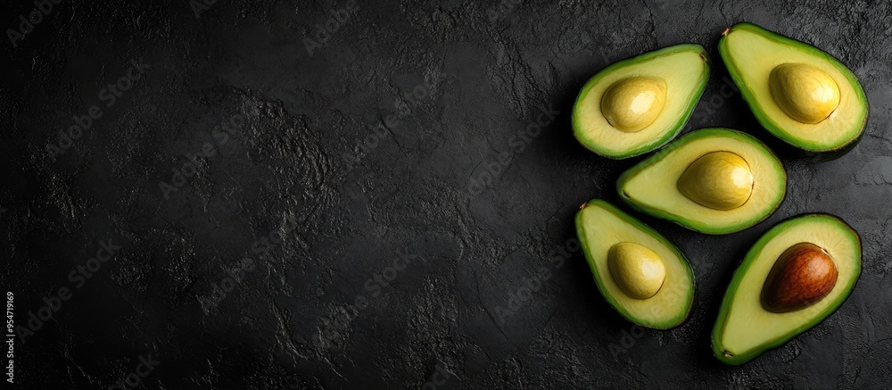 Leinwandbilder Freshly sliced avocado on a black textured background top view. with copy space image. Place for adding text or design